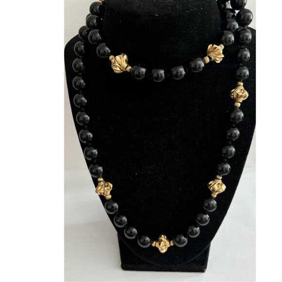 Vintage Beaded Long Necklace Gold plated Fluted Beads Hand Knotted - Picture 1 of 4